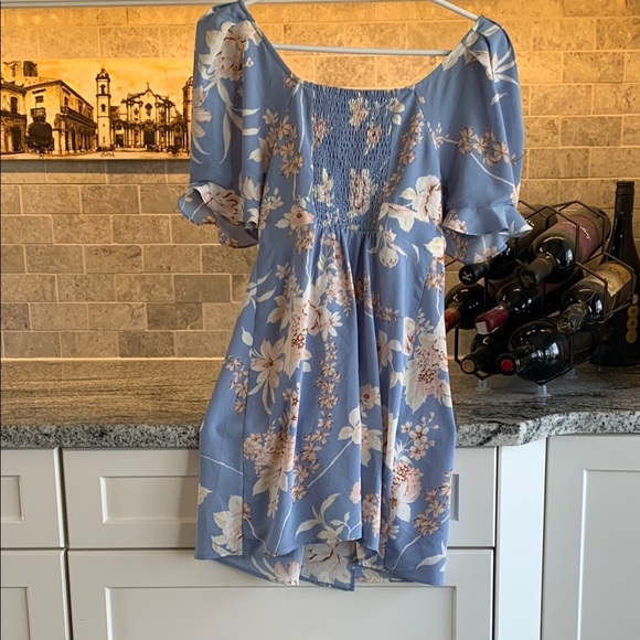 Blue and White V-Neck Flutter Sleeve Dress - Picture 4 of 4